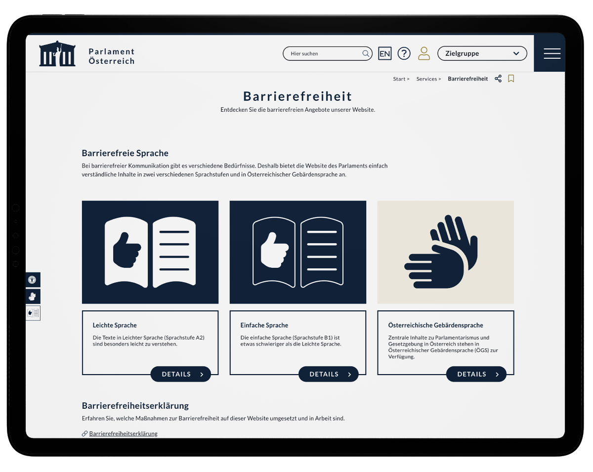 Das Bild zeigt eine Darstellung der Webseite des Österreichischen Parlaments. Auf der Seite werden Möglichkeiten gezeigt, Inhalte in einfacherer Sprache oder Gebärdensprache auszugeben.