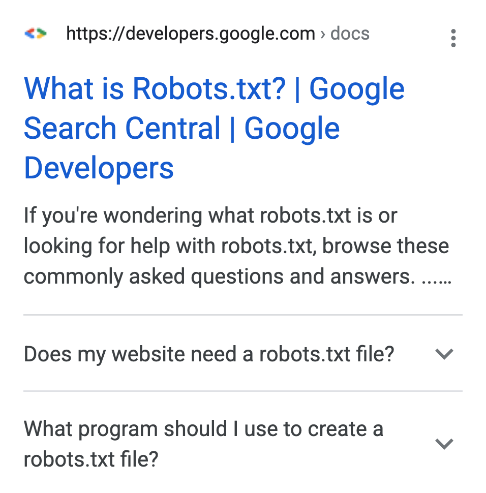 Example of FAQs in search results