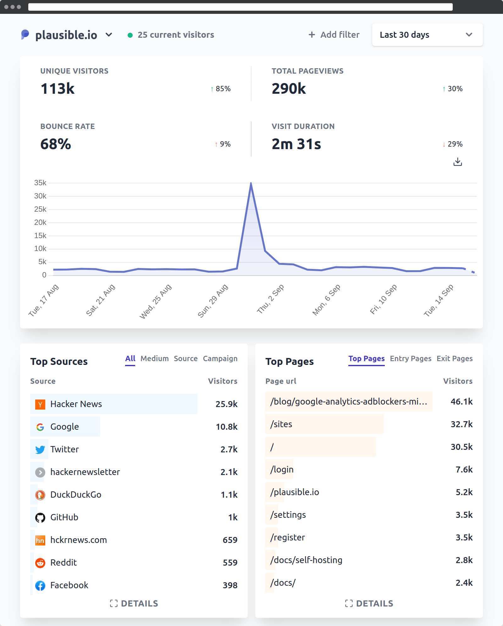 Detailed view of the analysis of Plausible with the available functions. You can see the monthly visitors of a website and where they came to the website from.