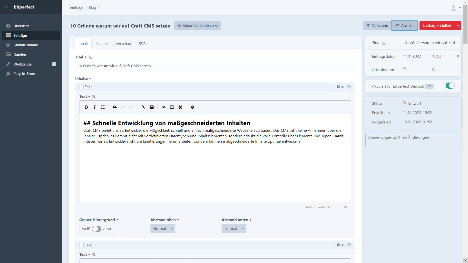 Beispiel Admin Interface von Craft CMS, das die Erstellung eines einzelnen Blogbeitrags zeigt