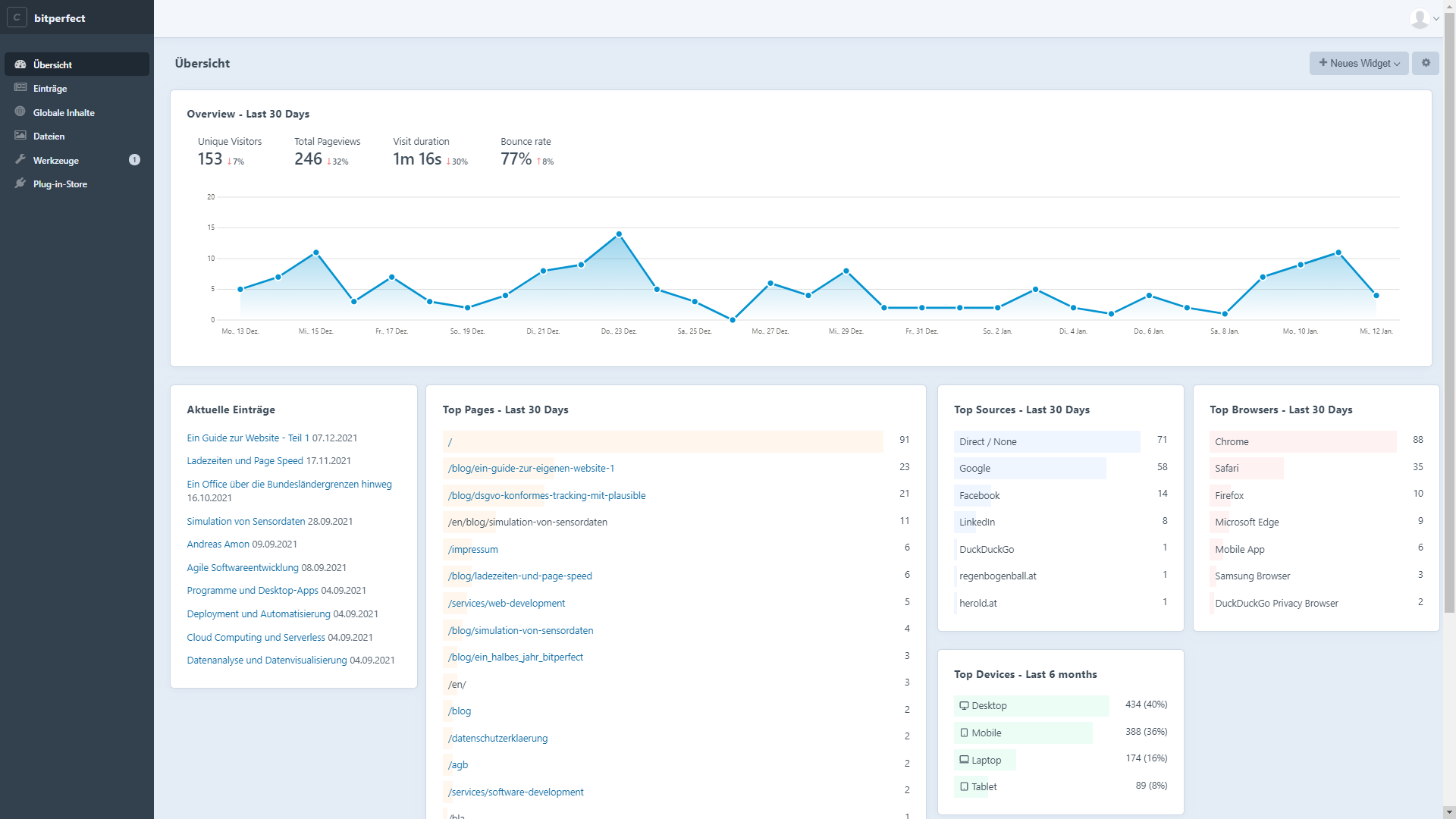 Admin interface of Craft CMS with an overview of the functions and visitor statistics